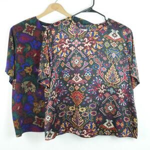 Vintage 90s Silk Blouse Lot 1X Short Sleeve Boxy Tee Grunge‎ Moody Floral Boho